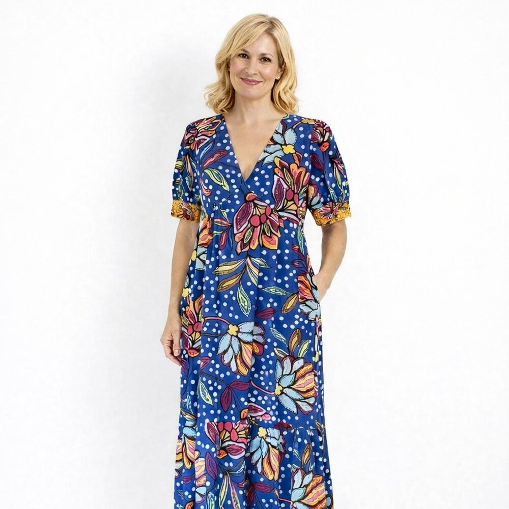 Tabitha Brown Target Blue Big Flowers Maxi Dress Size Small Boho Casual Cotton